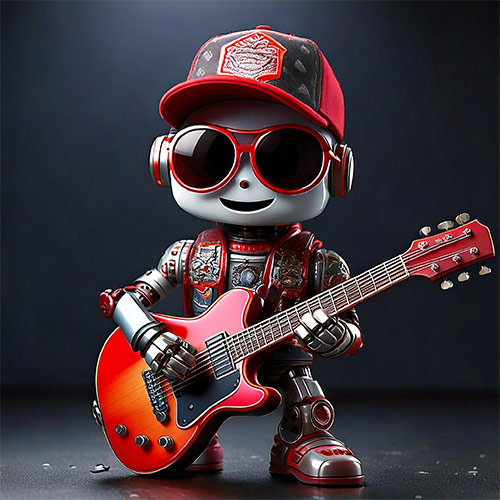 Kleider Roboter mit E-Gitarre und Baseball Kappe.